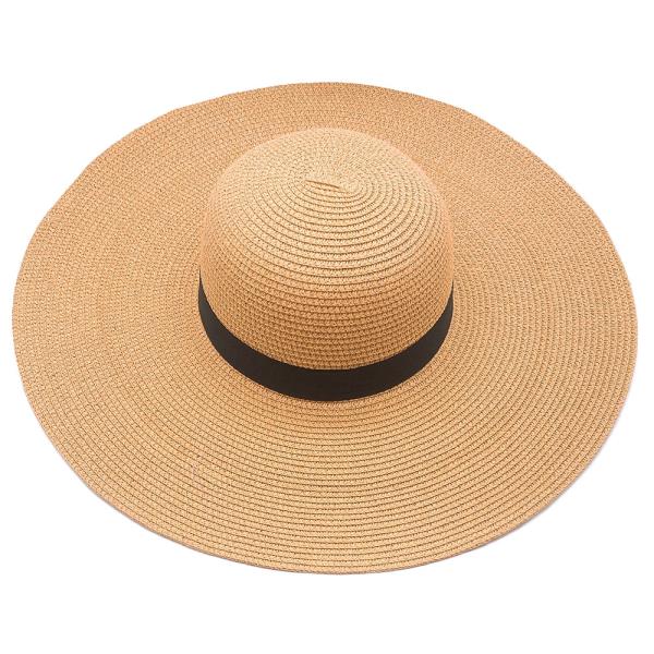 WIDE BRIM FLOPPY STRAW HAT WITH BLACK RIBBON BAND