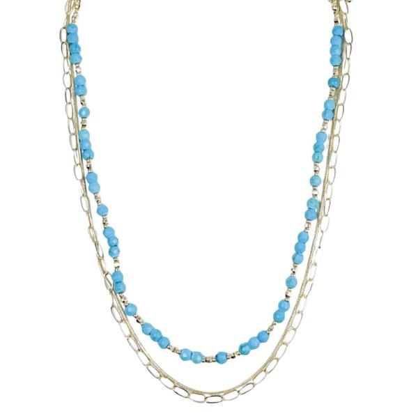 SEMI STONE BEADED OVAL LINK LAYERED NECKLACE
