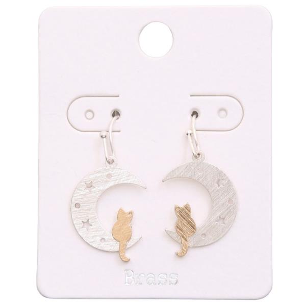 BRUSHED METAL CAT MOON DANGLE EARRING