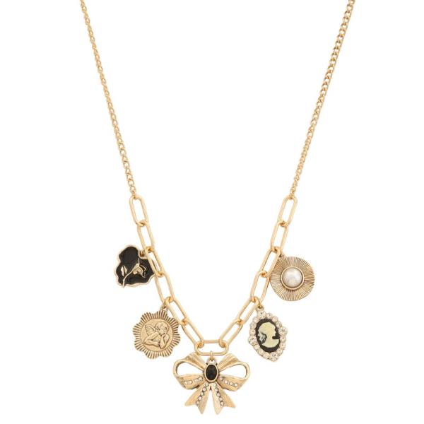 RIBBON BOW MULTI CHARM OVAL LINK METAL NECKLACE