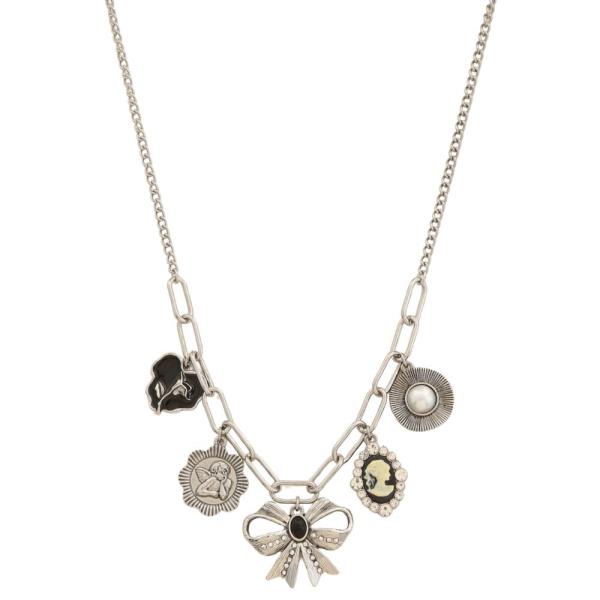 RIBBON BOW MULTI CHARM OVAL LINK METAL NECKLACE