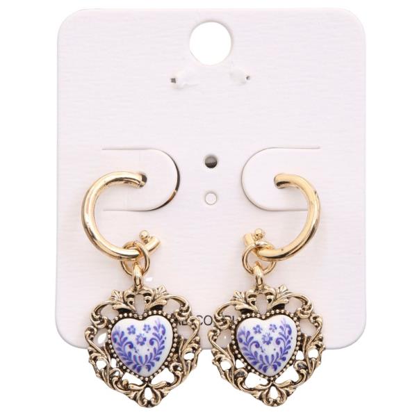 CERAMIC BEAD HEART SHAPE FILIGREE EDGE HUGGIE EARRING