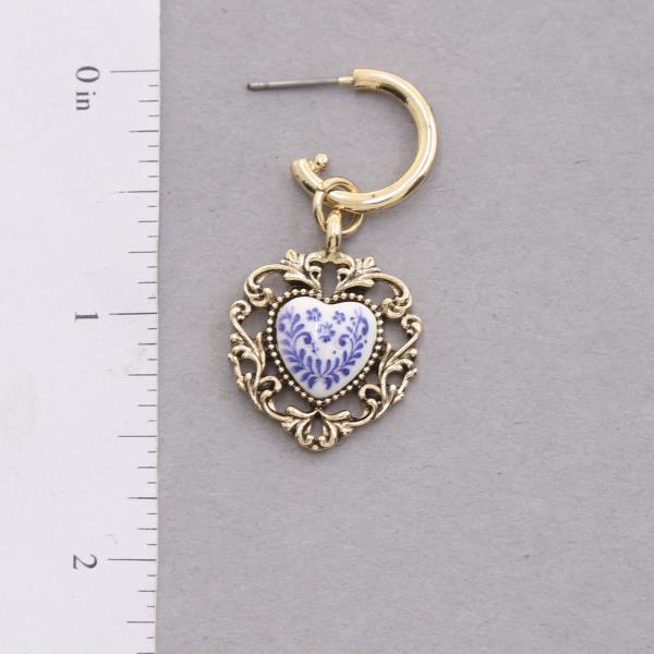 CERAMIC BEAD HEART SHAPE FILIGREE EDGE HUGGIE EARRING