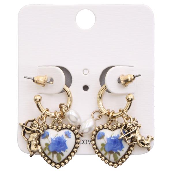 CERAMIC BEAD HEART ANGEL CHARM OPEN HOOP EARRING