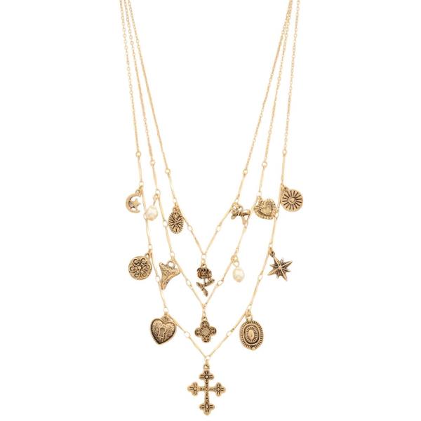 CROSS HEART MULTI CHARM LAYERED NECKLACE
