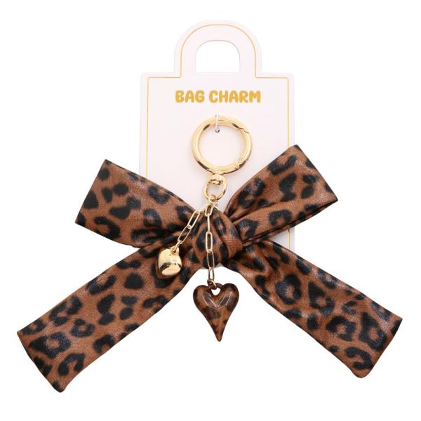 ANIMAL PRINT RIBBON BOW HEART BAG CHARM KEYCHAIN
