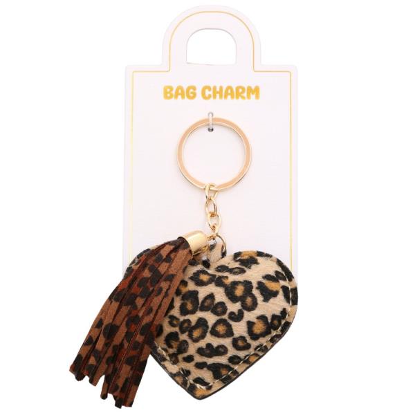 PUFFY HEART ANIMAL PRINT TASSEL BAG CHARM KEYCHAIN