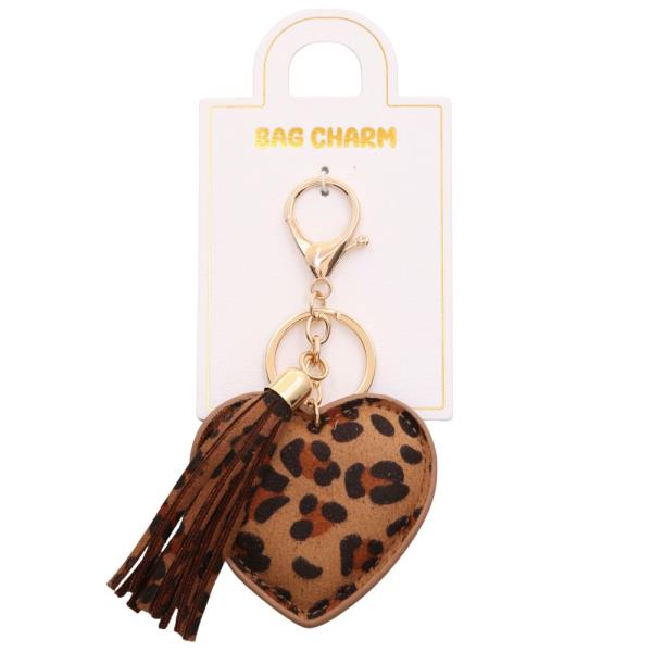 PUFFY HEART ANIMAL PRINT TASSEL BAG CHARM KEYCHAIN