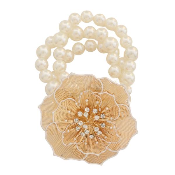 FLOWER METAL RHINESTONE PEARL BEAD BRACELET