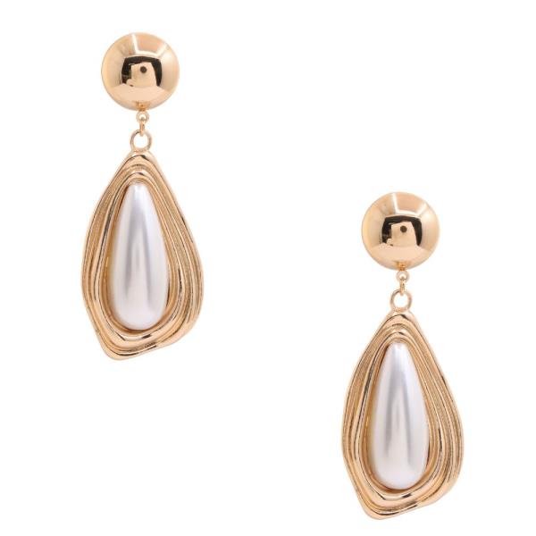 TEARDROP PEARL BEAD METAL DANGLE EARRING