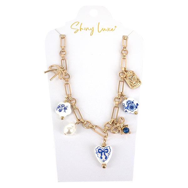 HEART FLOWER OVAL LINK CHARM NECKLACE