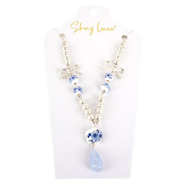 FLOWER PEARL BEAD RIBBON BOW CCB NECKLACE