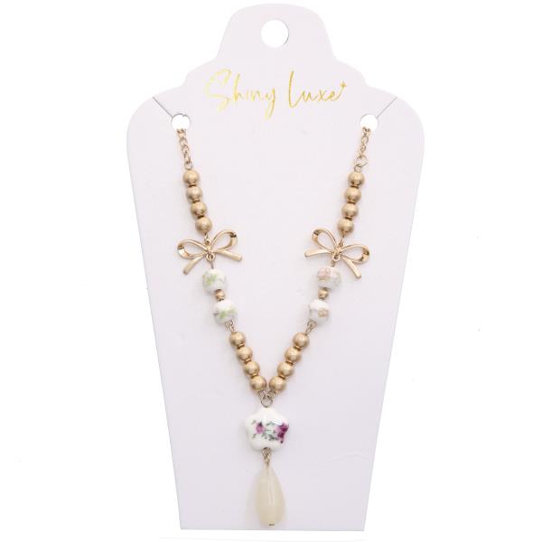 FLOWER PEARL BEAD RIBBON BOW CCB NECKLACE