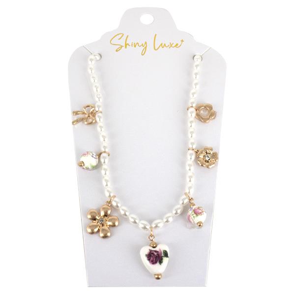 HEART CERAMIC BEAD FLOWER CHARM STATION PEARL BEAD NECKLACE