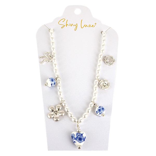 HEART CERAMIC BEAD FLOWER CHARM STATION PEARL BEAD NECKLACE