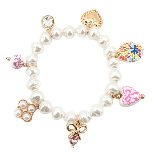 CERAMIC HEART BEAD PEARL STRETCH BRACELET