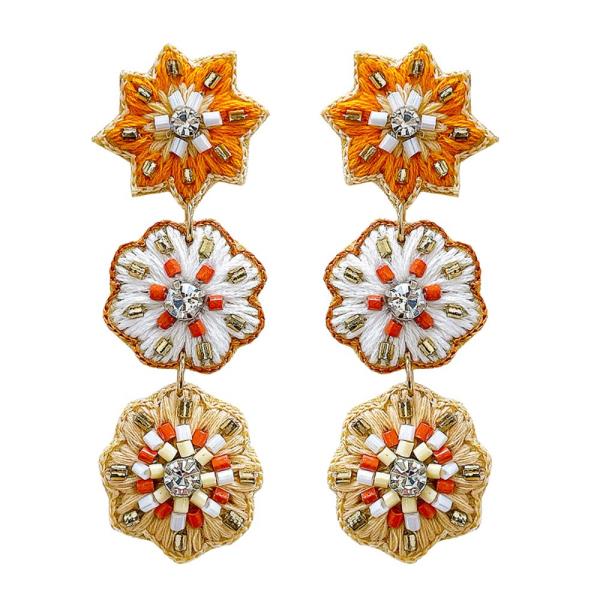 TRIPLE FLOWER CROCHET BEADED DANGLE EARRING