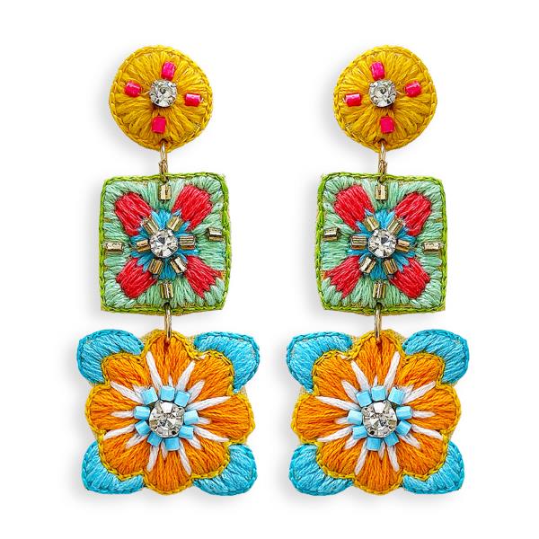 SQUARE CIRCLE LINK CROCHET RHINESTONE DANGLE EARRING
