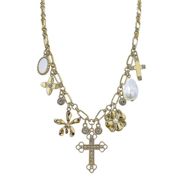 CROSS PEARL BEAD MULTI CHARM NECKLACE