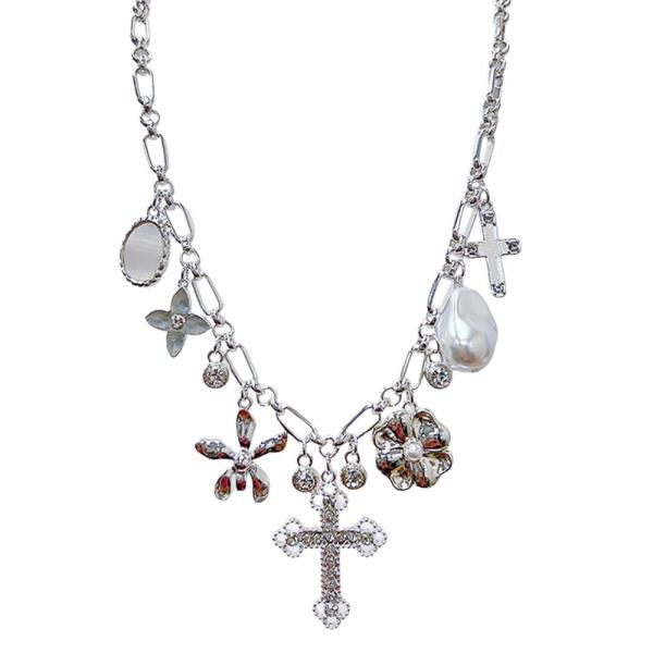 CROSS PEARL BEAD MULTI CHARM NECKLACE