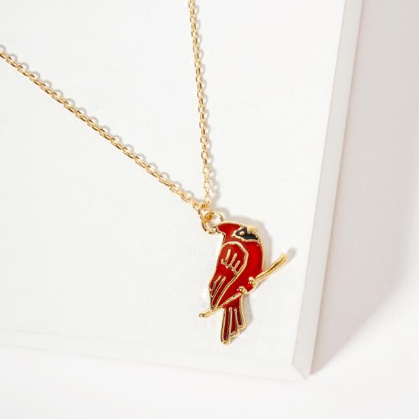 18K GOLD RHODIUM CARDINAL BIRD PENDANT NECKLACE