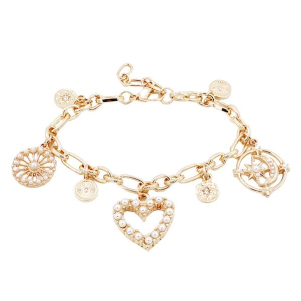 PEARL HEART ASSORTED CHARM METAL BRACELET