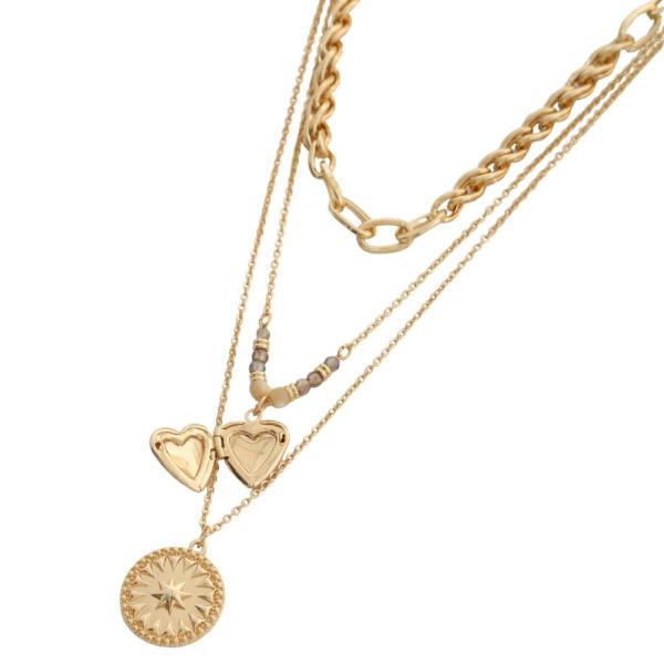 HEART COIN CHARM CHAIN BEADED LAYERED NECKLACE