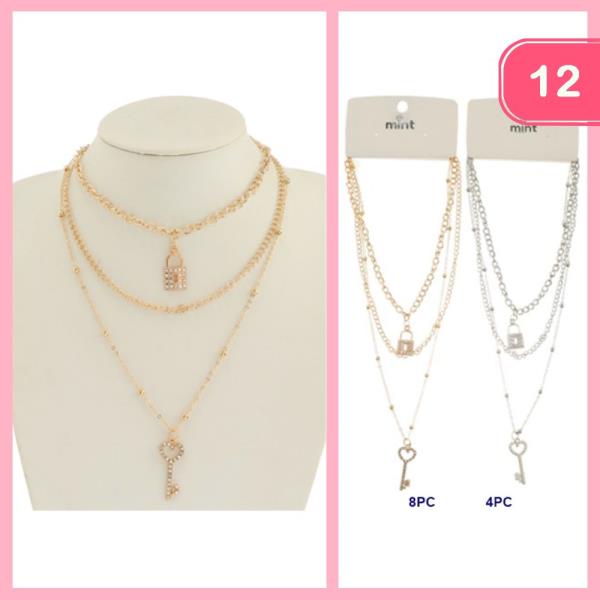 RHINESTONE LOCK AND KEY LAYERED NECKLACE (12 UNITS)