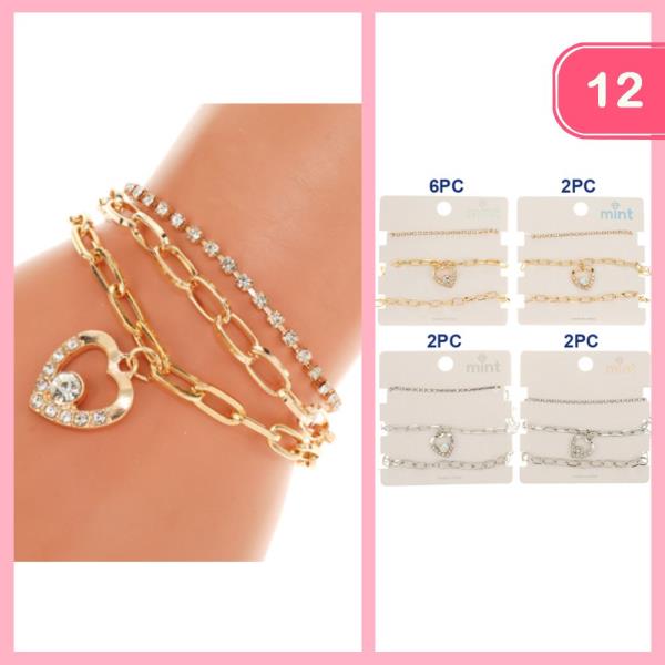 RHINESTONE HEART CHARM STACKABLE BRACELET (12 UNITS)