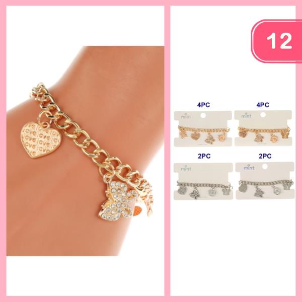 HEART RHINESTONE BUTTERFLY CHARM BRACELET (12 UNITS)