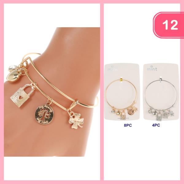 RHINESTONE LOCK HEART LEAF CHARM BRACELET (12 UNITS)