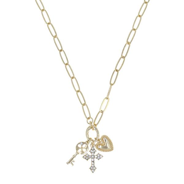 CROSS HEART CHARM OVAL LINK METAL NECKLACE