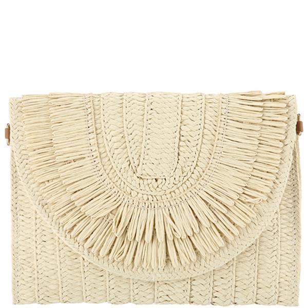 FRINGE EDGE STRAW CLUTCH CROSSBODY BAG