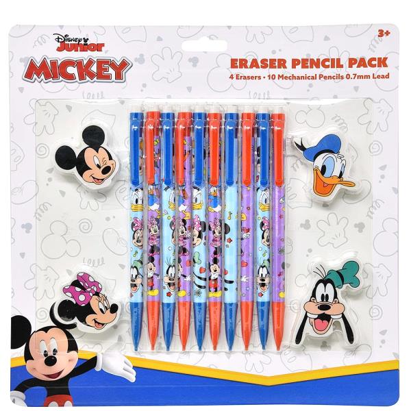 MICKEY AND MINNIE 10PC MECHANICAL PENCILS WITH 4 SHAPED ERASERS