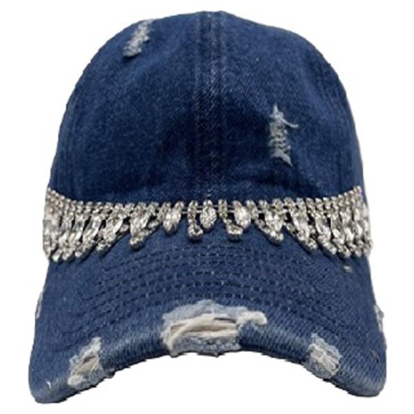 RHINESTONE RIPPED DENIM FASHION CAP