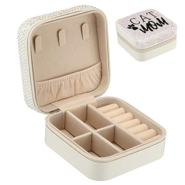 CAT MOM RHINESTONE THEMED SQUARE JEWELRY BOX