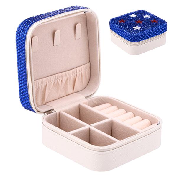 RED WHITE BLUE STARS RHINESTONE THEMED SQUARE JEWELRY BOX