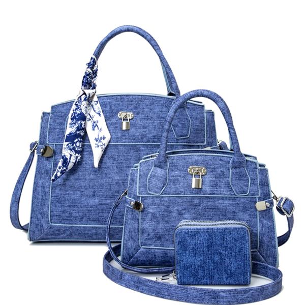 3IN1 DENIM TEXTURED SCARF HANDLE SATCHEL W MATCHING BAG AND WALLET SET