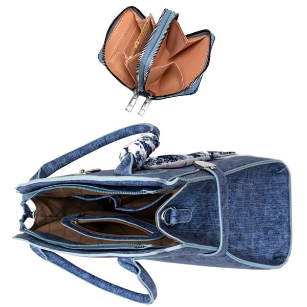 3IN1 DENIM TEXTURED SCARF HANDLE SATCHEL W MATCHING BAG AND WALLET SET