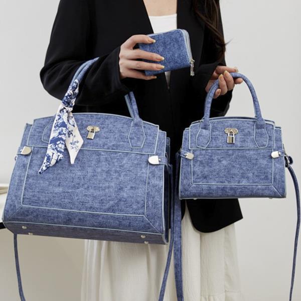 3IN1 DENIM TEXTURED SCARF HANDLE SATCHEL W MATCHING BAG AND WALLET SET