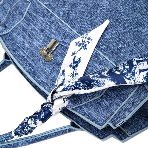 3IN1 DENIM TEXTURED SCARF HANDLE SATCHEL W MATCHING BAG AND WALLET SET