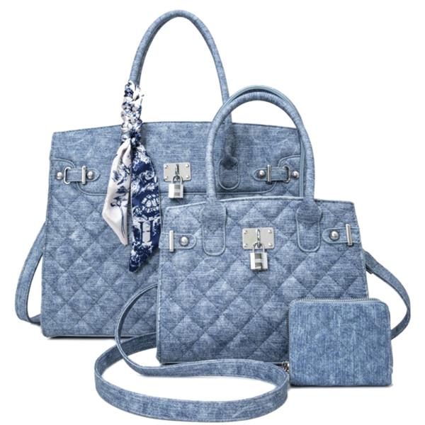 3IN1 QUILTED DENIM TEXTURED SCARF HANDLE SATCHEL W MATCHING BAG AND WALLET SET