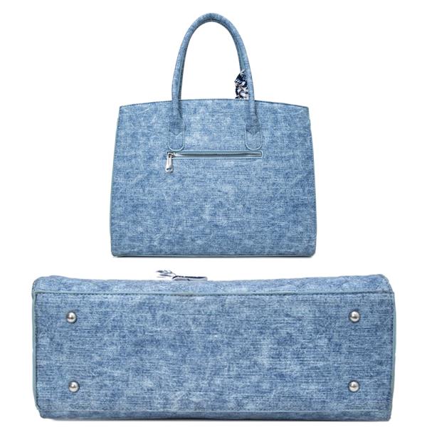 3IN1 QUILTED DENIM TEXTURED SCARF HANDLE SATCHEL W MATCHING BAG AND WALLET SET