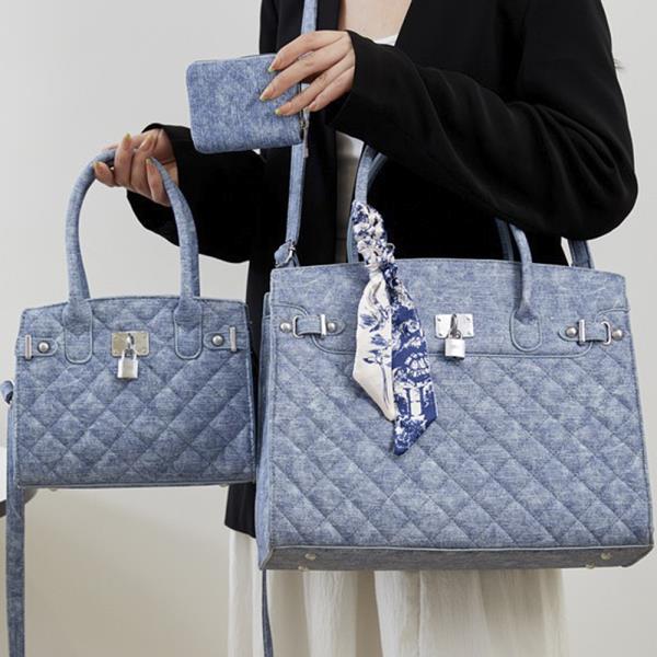 3IN1 QUILTED DENIM TEXTURED SCARF HANDLE SATCHEL W MATCHING BAG AND WALLET SET