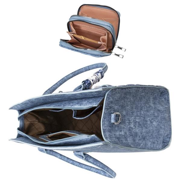 3IN1 QUILTED DENIM TEXTURED SCARF HANDLE SATCHEL W MATCHING BAG AND WALLET SET