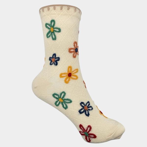 LARGE FLOWER EMBROIDERY CREW SOCKS