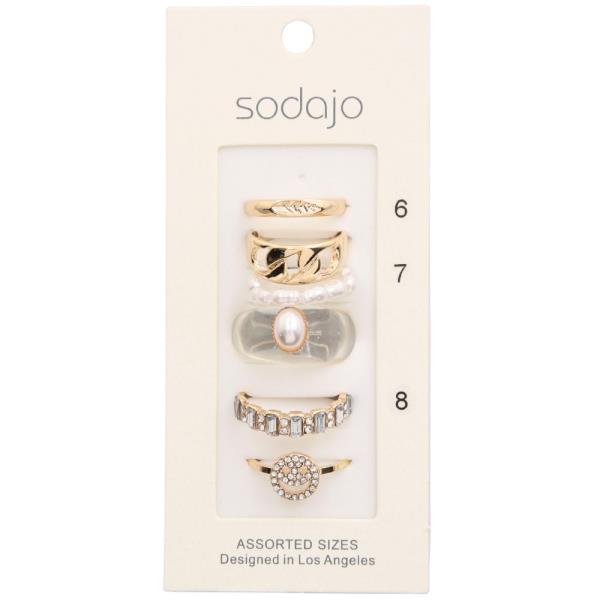 SODAJO PEARL BEAD RHINESTONE METAL ASSORTED RING SET