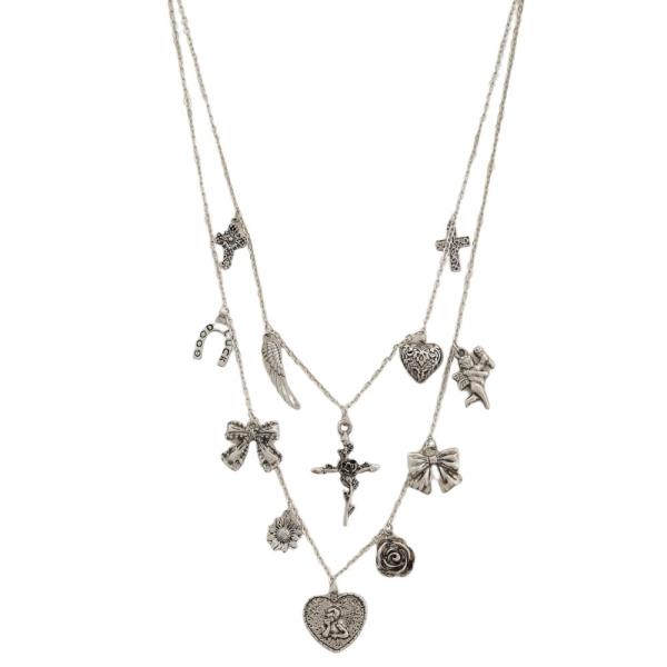 CROSS FLOWER RIBBON MULTI CHARM LAYERED NECKLACE