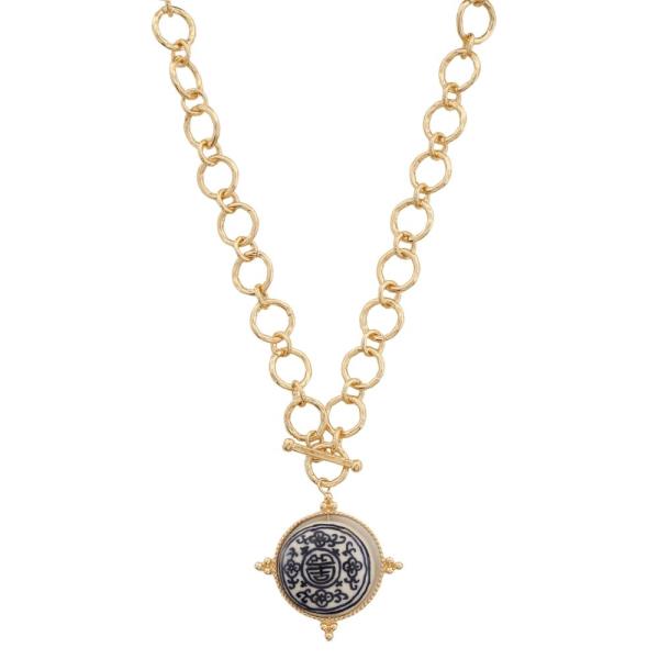 CERAMIC ORIENTAL ROUND PENDANT TOGGLE CLASP NECKLACE