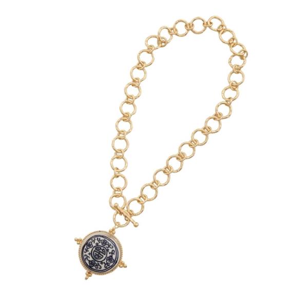 CERAMIC ORIENTAL ROUND PENDANT TOGGLE CLASP NECKLACE